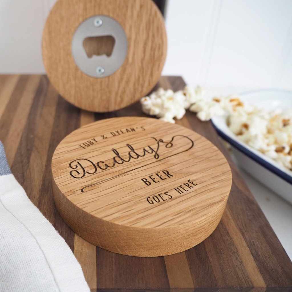 Personalised Oak Coaster And Bottle Opener Wood Paper Scissors