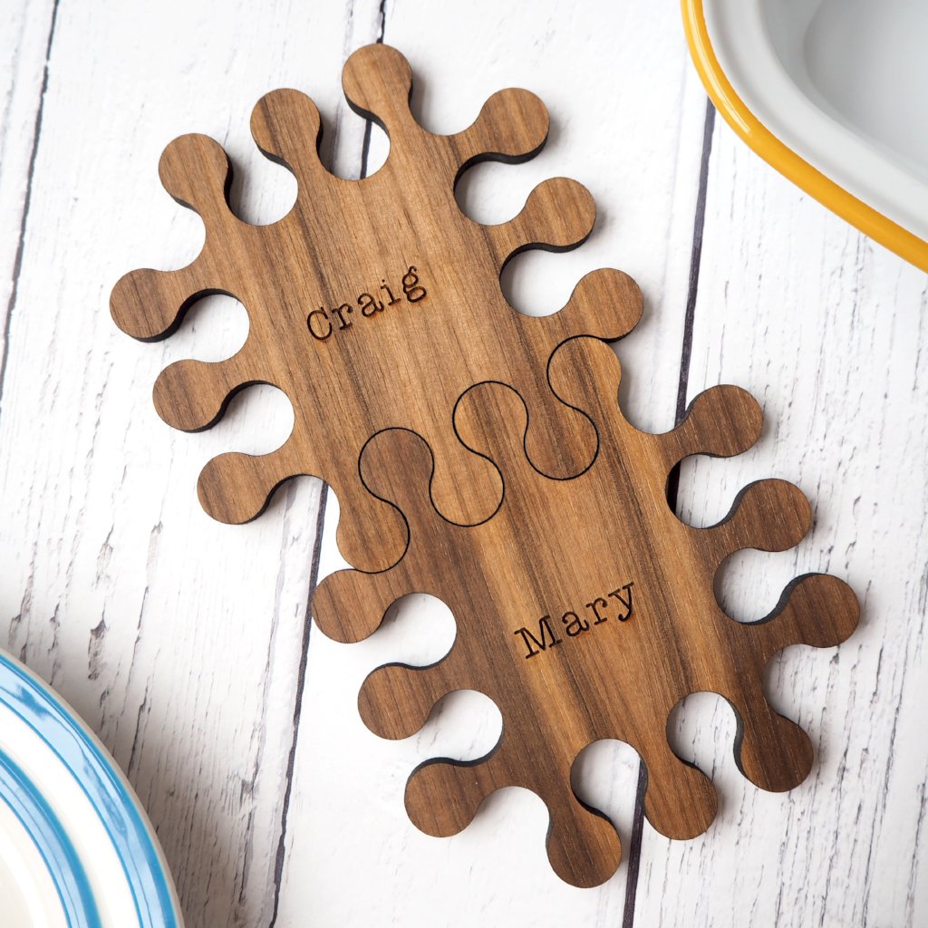 Personalised Wood Set of Four Coasters. Personalized Four Piece Jigsaw  Coaster Set. Solid Walnut Wood. Birthday / Housewarming Gift. 