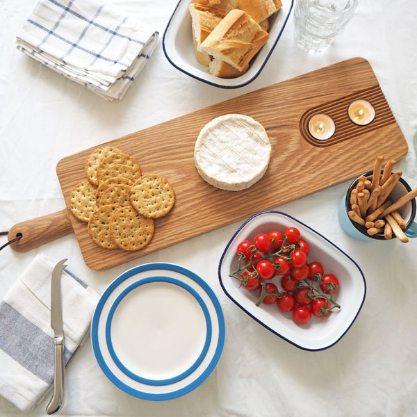 large oak serving platter board with tea light candle holders