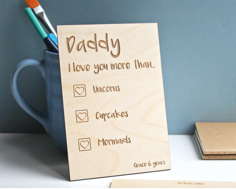 Personalised engraved 'I love you more than...' wooden postcard