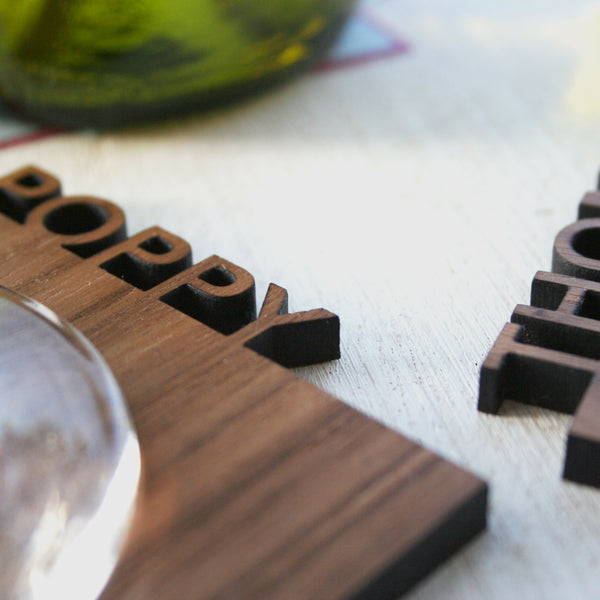 Set Of Two Personalised Cut Out Walnut Coasters