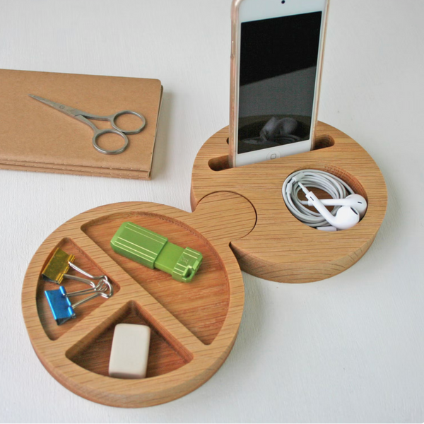 Solid Oak Wooden Round Desk Tidy and Phone stand