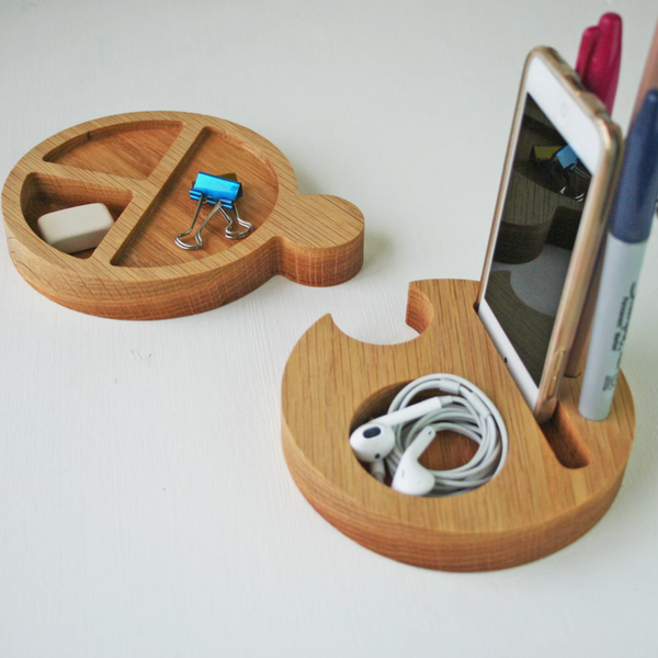 Solid Oak Wooden Round Desk Tidy and Phone stand