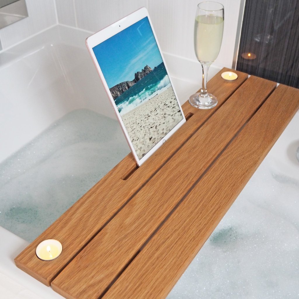 Bathtub popular Bath Board in Walnut, Oak and Padauk Tray Caddy with Wine & Can Holder for Ipad / Book / Votive Candles