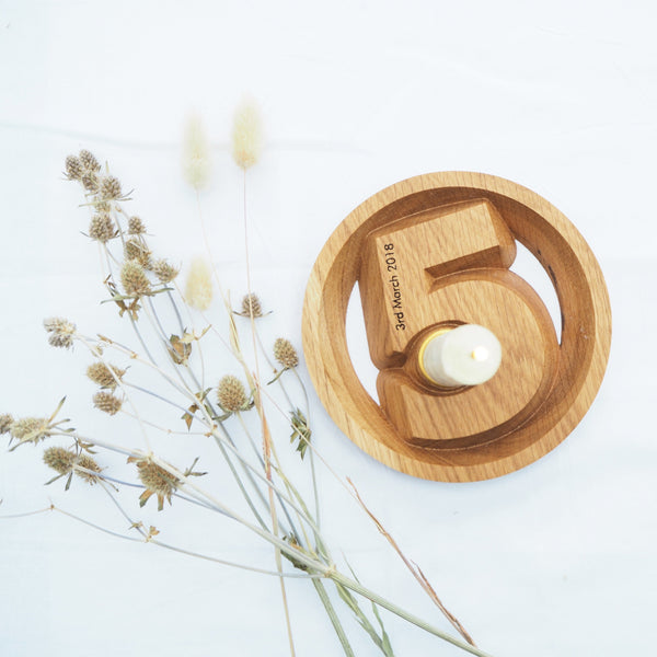 Five Year Anniversary Wood Personalised Candle Holder
