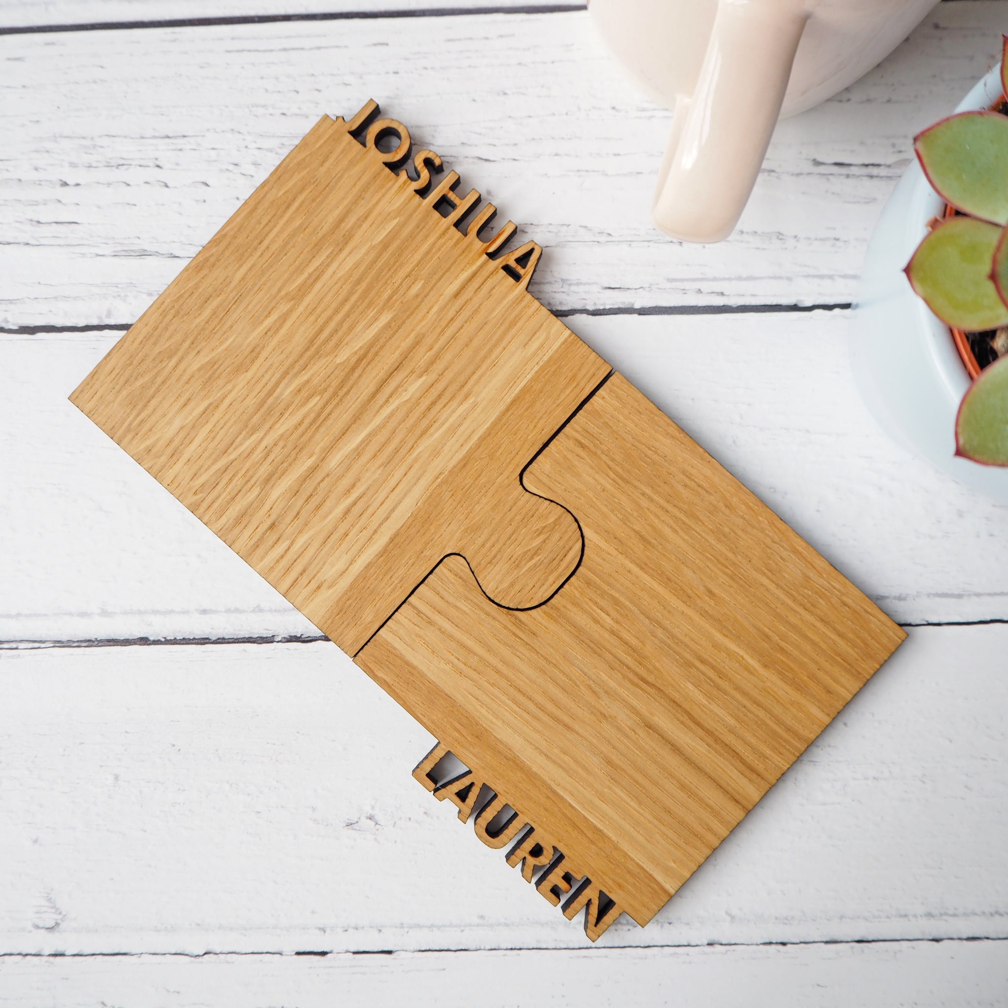 Set Of Two Personalised Cut Out Oak Coasters