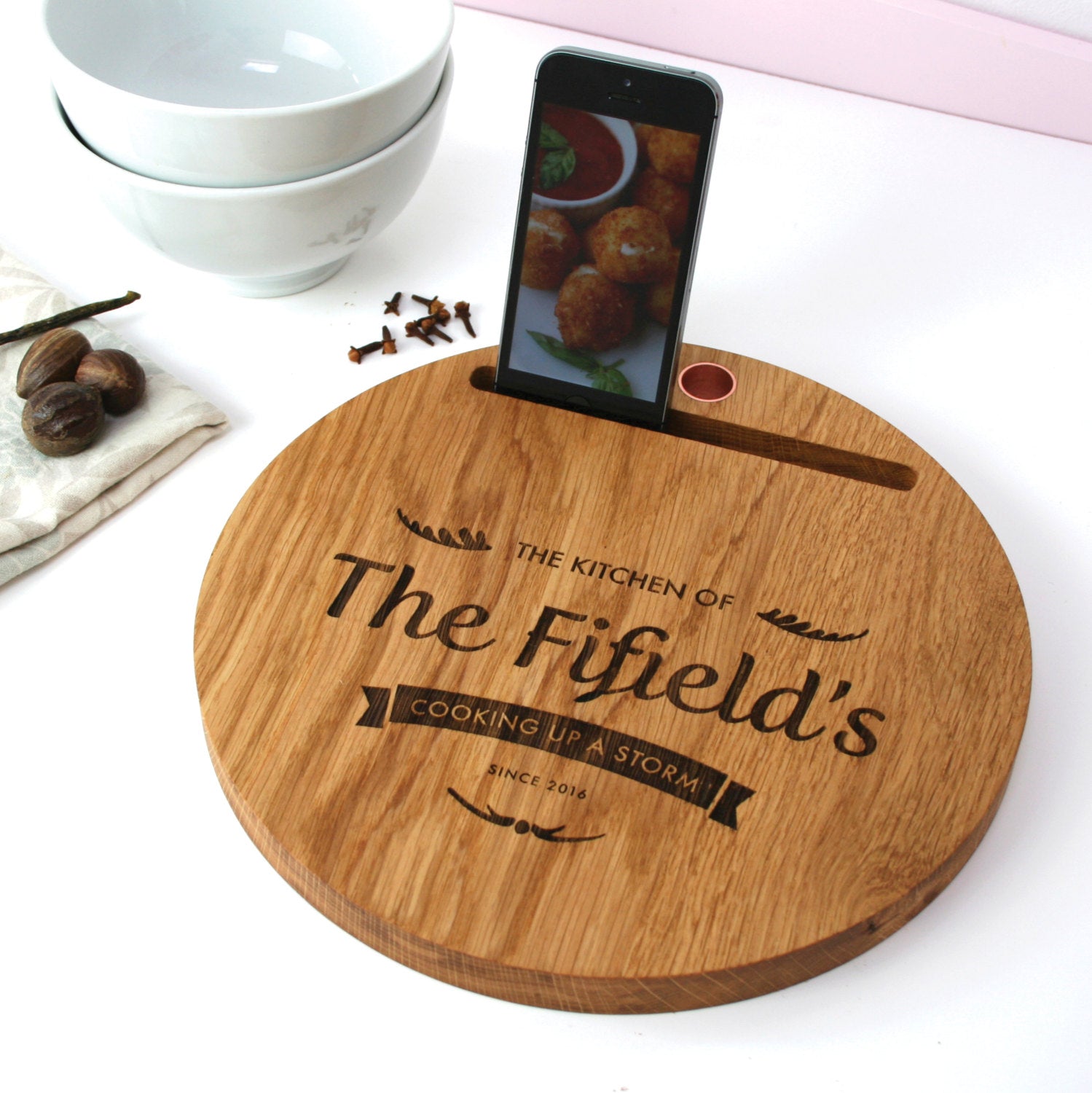 Oak And Copper Personalised Chopping Board and iPad Stand