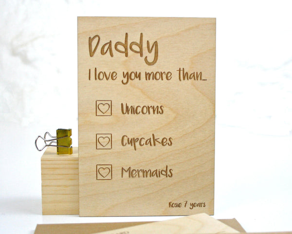Personalised engraved 'I love you more than...' wooden postcard