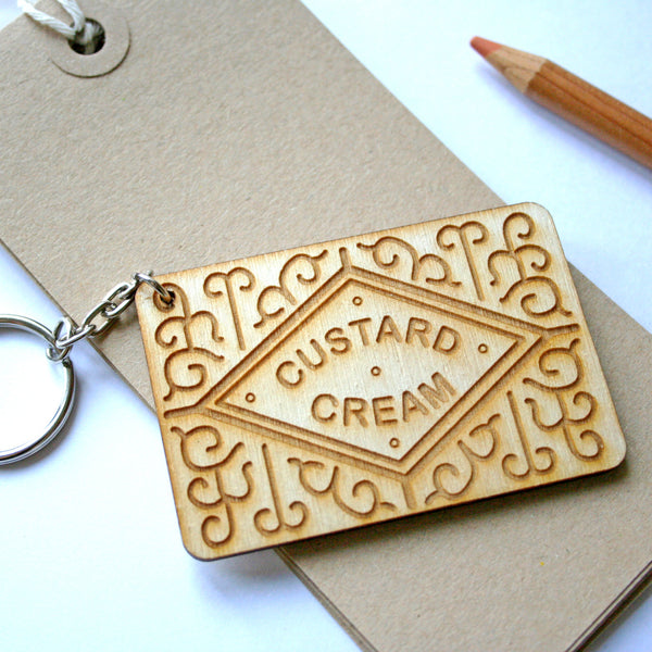 Personalised Custard Cream Biscuit Wooden Keyring