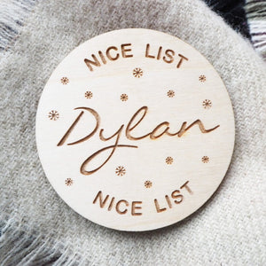 Nice List Personalised Wooden Badge