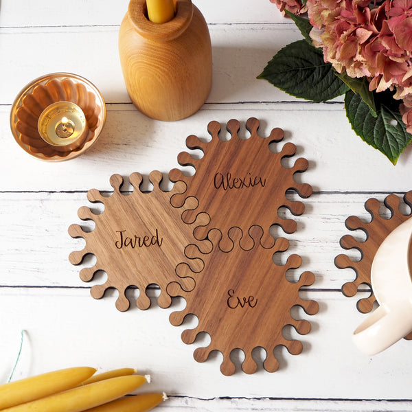 Interlocking Hexagon Walnut Wood Personalised Coasters