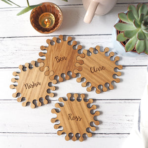 Interlocking Hexagon Oak Wood Personalised Coasters